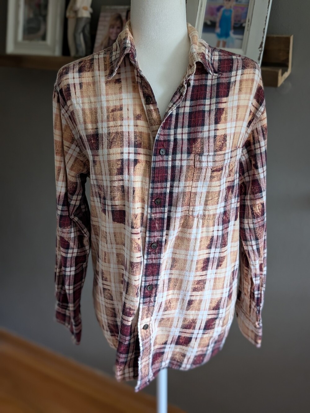 Franklin Flannels Acid Wash Distressed Plaid Button Down Burgundy Medium